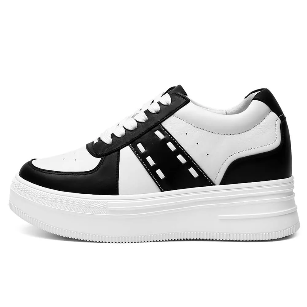 8 CM/3.15 Inches CMR CHAMARIPA Women's Casual Height Increasing Sneakers - Black & White Leather