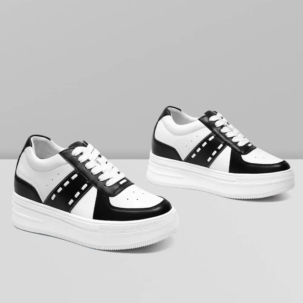 8 CM/3.15 Inches CMR CHAMARIPA Women's Casual Height Increasing Sneakers - Black & White Leather