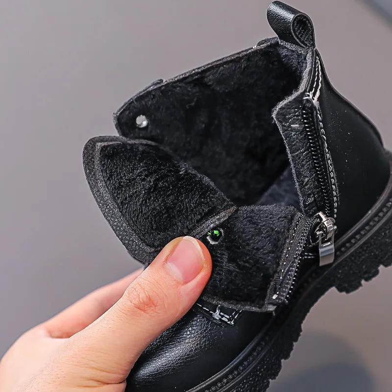 Black Brown Short Boots for Kids  New Winter Plush Shoes Girls Low Heel