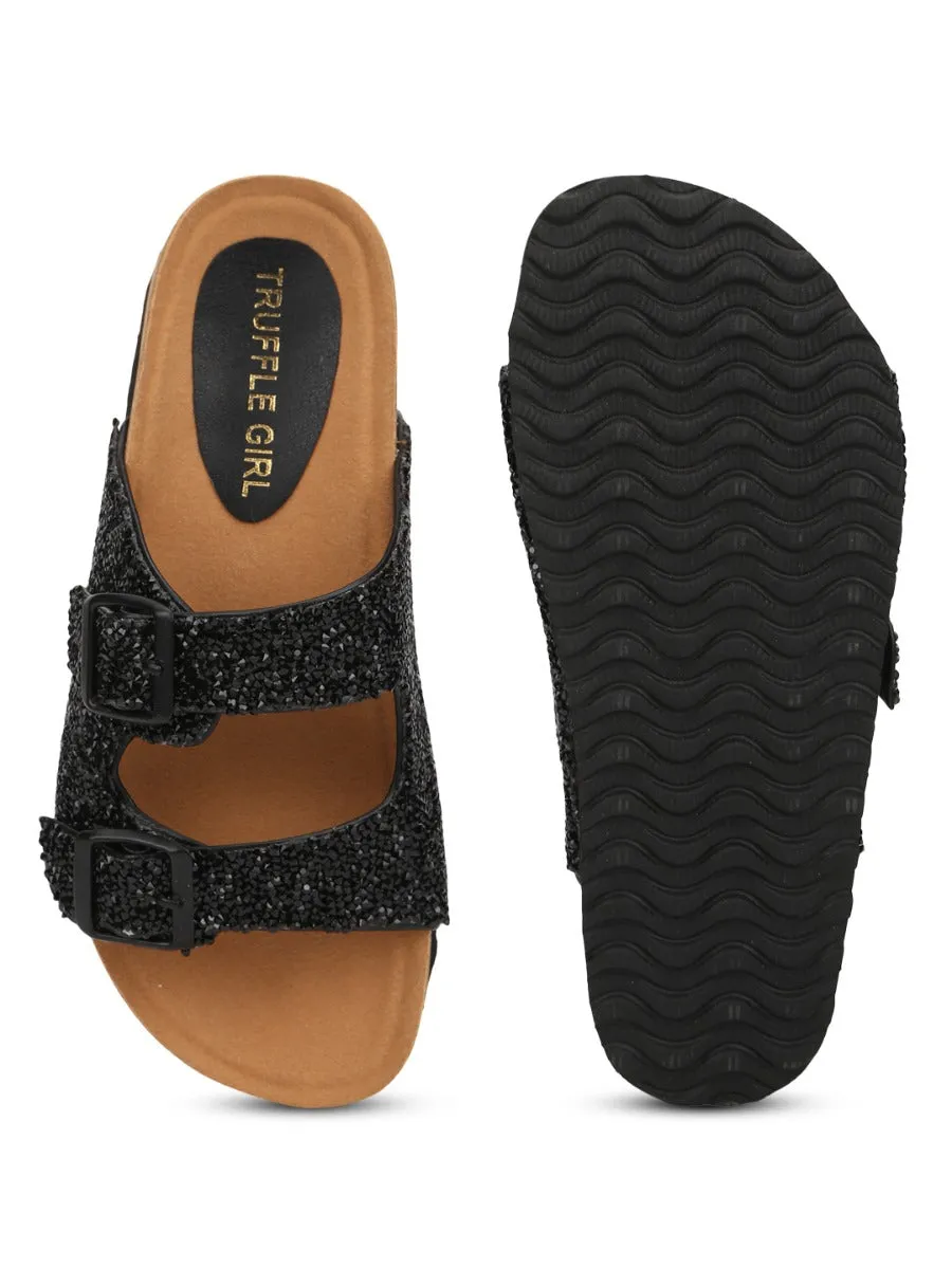 Black PU Textured Side Buckle Slides