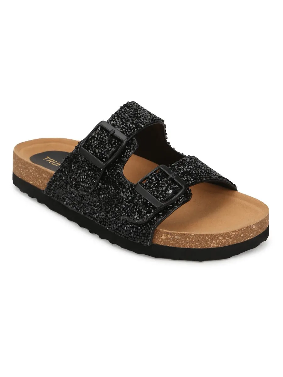 Black PU Textured Side Buckle Slides