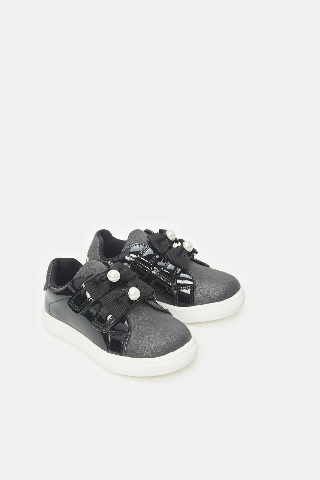 Girls Black Glossy Bow Sneakers