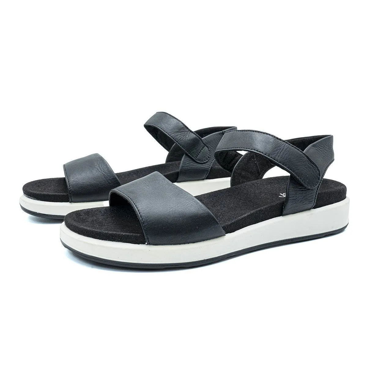 Hotter Play Strap Flat Sandals Leather Black Colour For Women