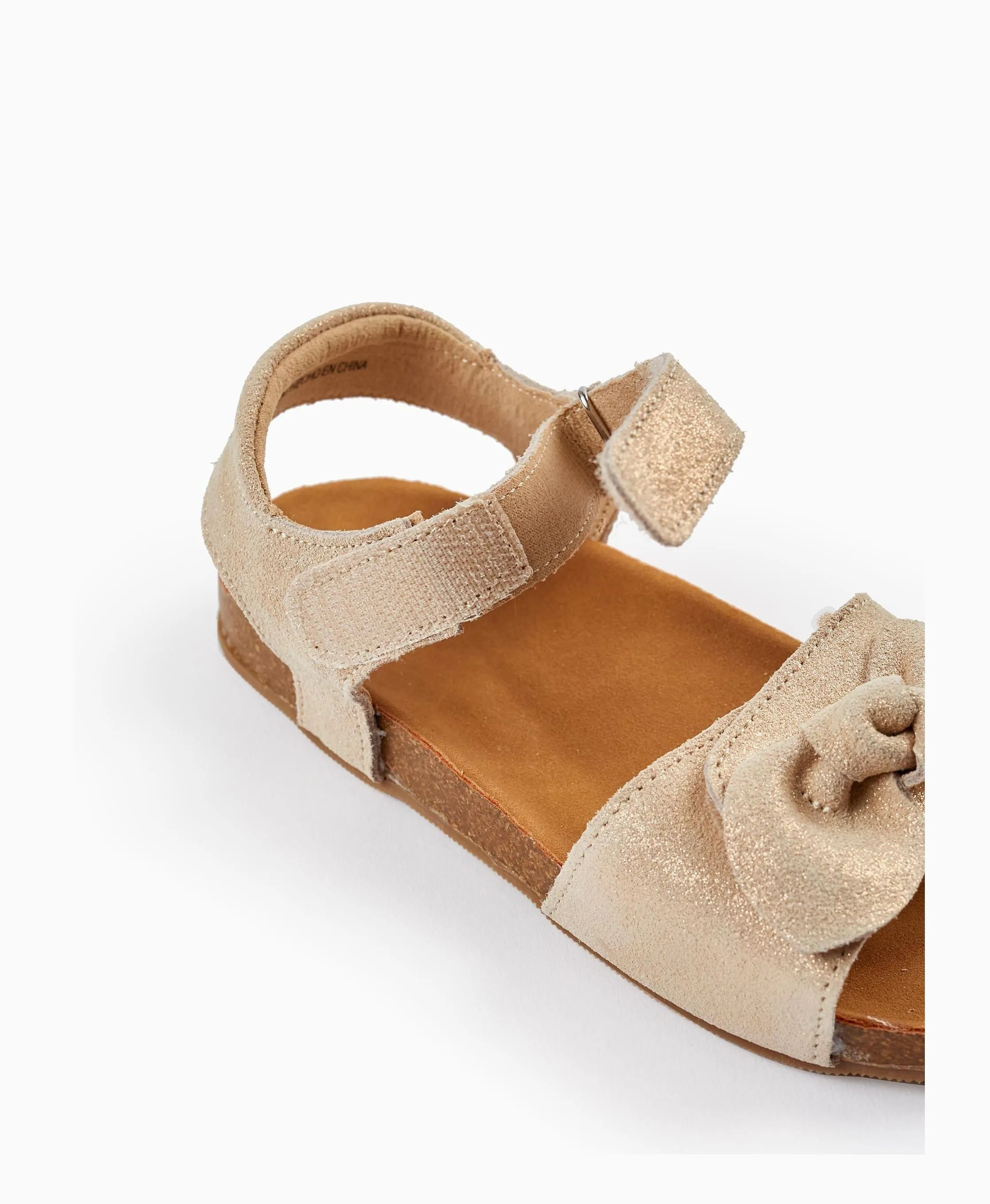 Leather Sandals with Glitter and Bows for Girls, Light Beige