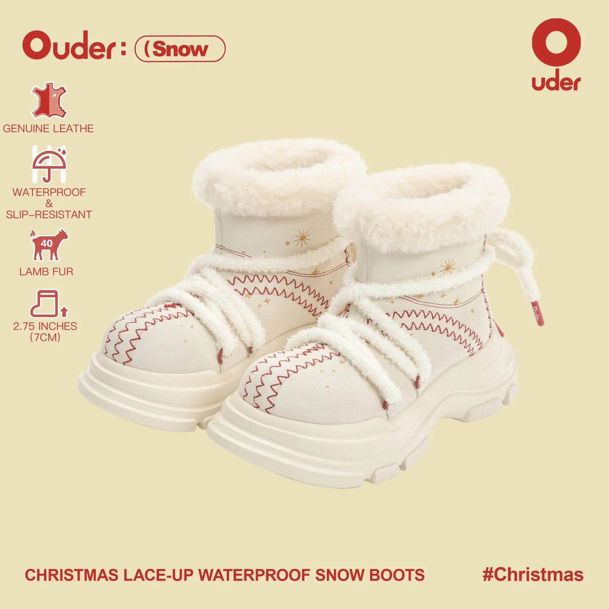 Ouder Christmas Lace-Up Waterproof Snow Boots