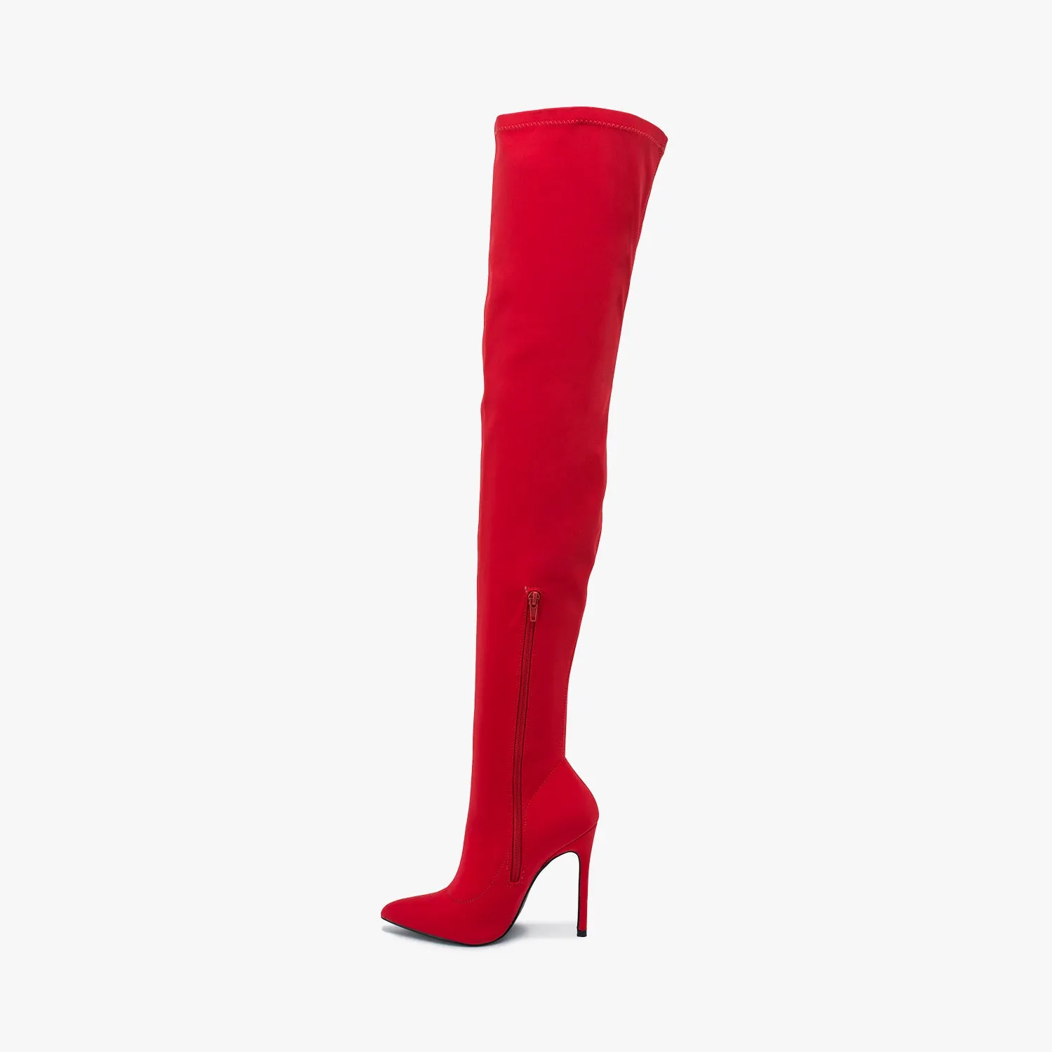 Red Lycra Pointed Toe Toe Thigh High Boot